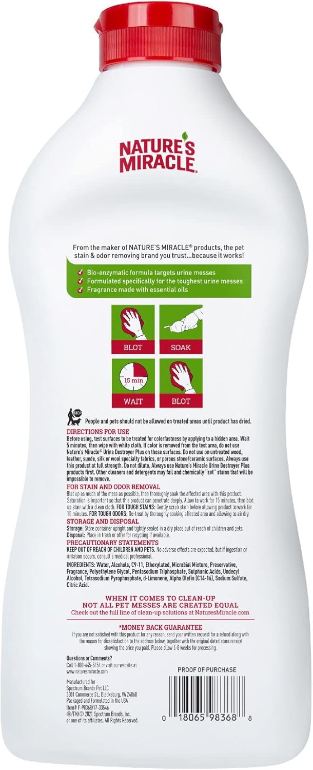 Nature's Miracle Urine Destroyer Plus for Dogs, Enzymatic Formula for Severe Dog Urine Stains, 32 oz