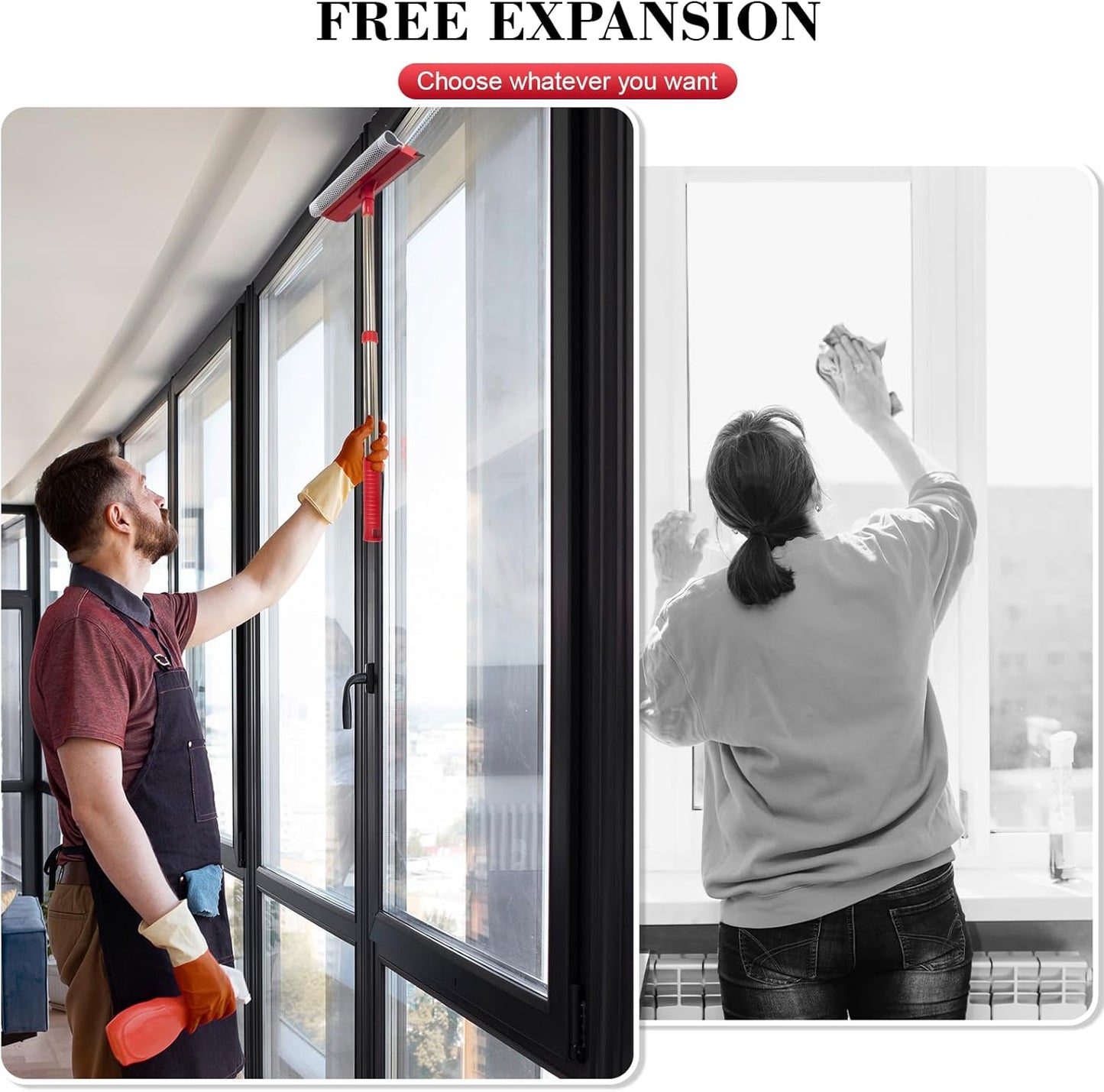 Window Squeegee with 15.7"-27.5" Retractable Stainless Steel Handle, 2-in-1 Windshield Cleaner Tool for Cars, Trucks, Glass Doors, Shower Glass, Outdoor Windows – Window Cleaner (Red)
