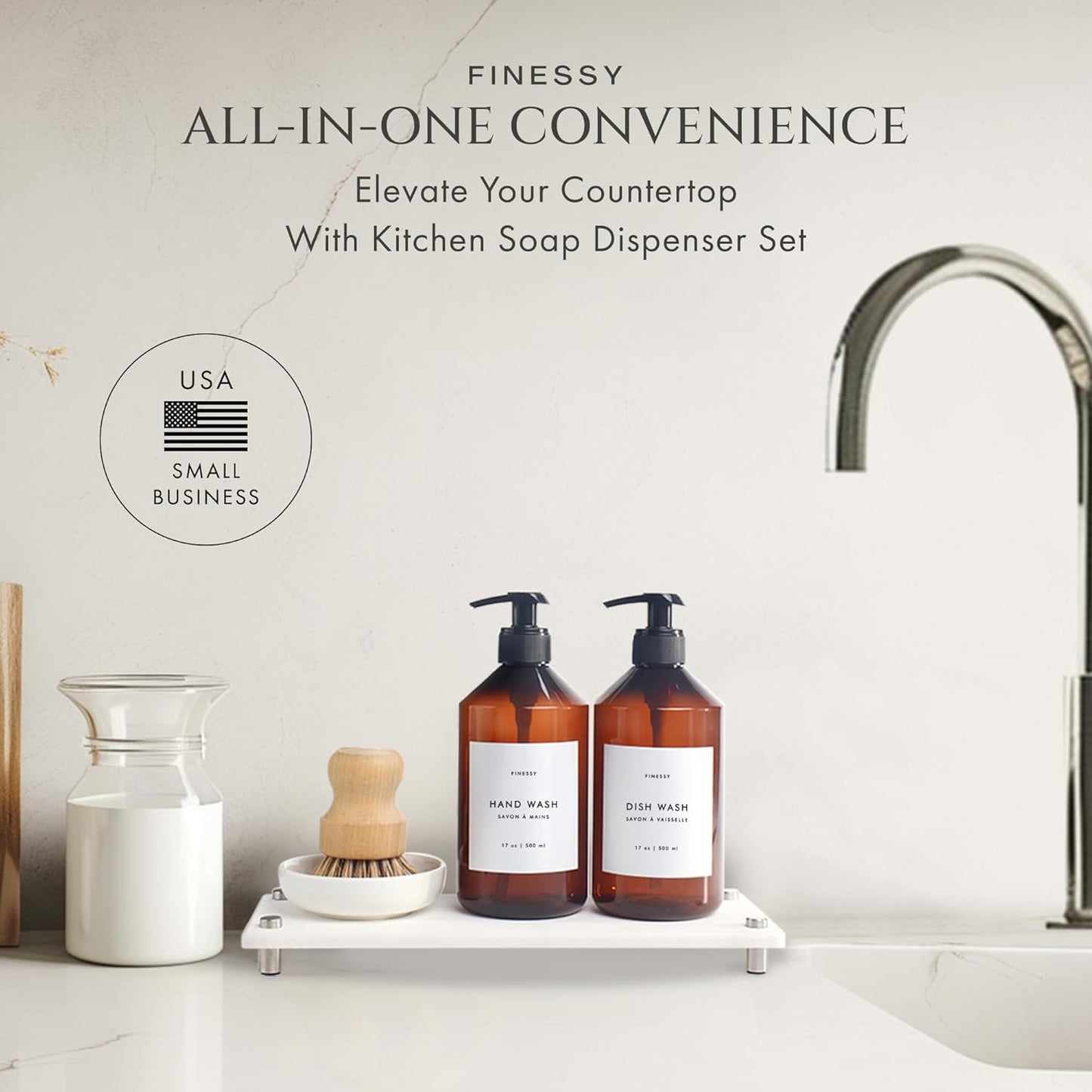 Luxe White Kitchen Soap Dispenser Set with Tray and Dish Brush, Refillable Hand and Dish Soap Dispenser Set Bottles with Pump for Lotion Handsoap Liquid Dishwashing Kitchen and Bathroom Countertop Set