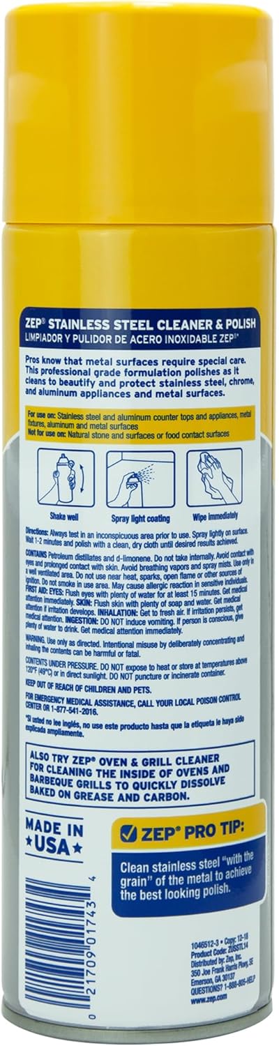 Zep Stainless Steel Cleaner and Polish - 14 oz (Case of 12) ZUSSTL14 - Protects Metal Surfaces From Fingerprints, Soil & Water Spots
