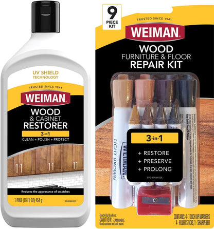 Weiman Wood and Cabinet Restorer 3-In-1 Bundle - Removes Dirt, Residue, Dust, Reduces Scratches, Restore Shine, Prevent Fading, UV Shield Technology, Safe for Antique Wood, Tables, Chairs, Cabinets