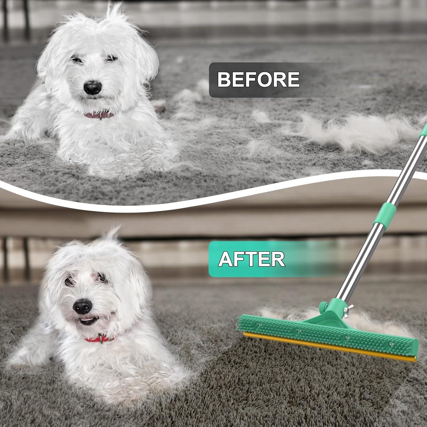 3 in 1 Carpet Rake for Pet Hair Removal, Reusable Pet Hair Remover Broom, 60'' Adjustable Long Handle Dog and Cat Hair Remover Tool Set of 3, Lint Remover Scraper for Carpets, Rugs, Mats, Couch, Car