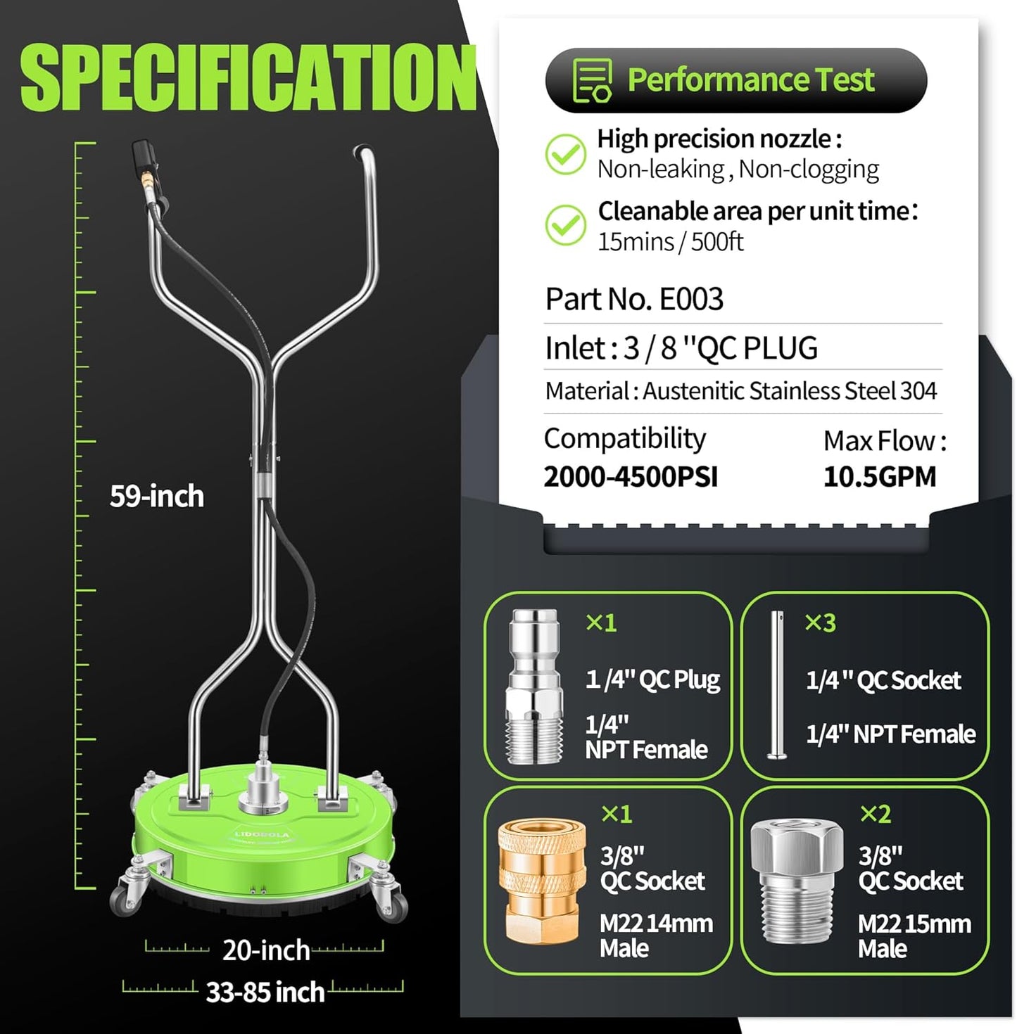 14" Pressure Washer Surface Cleaner with 4 Wheels - Stainless Steel Surface Cleaner for Pressure Washer Attachment for Concrete, Patio, Sidewalk, Deck and Driveways - PWS14