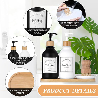 Zopeal 4 Pcs 16 oz Kitchen Soap Dispenser Set with Bamboo Tray and Dish Brush Plastic Soap Dispenser Set with Waterproof Labels for Hand Dish Lotion(Frosted Black)