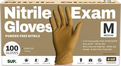 SUP Powder-Free Nitrile Gloves, 100 Count Food Safe Latex-Free Disposable Gloves for Medical Cooking Cleaning Food Prep, Tan