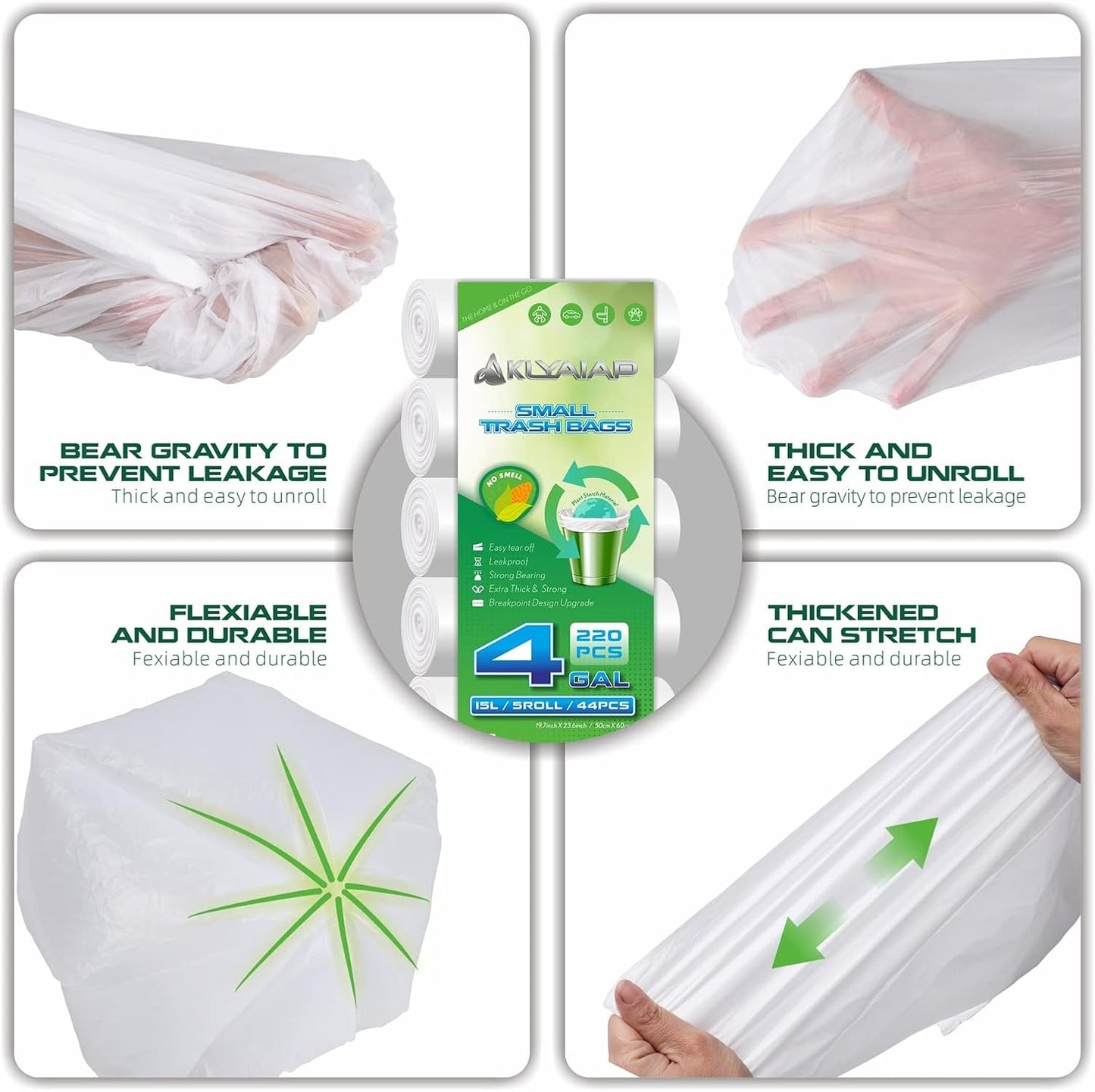 220 Counts Aklyaiap 4 Gallon Trash Bag,Tear & Leak Resistant Bathroom Biodegradable Small Garbage Can Bags Unscented for Home & Kitchen, 5Rolls, White