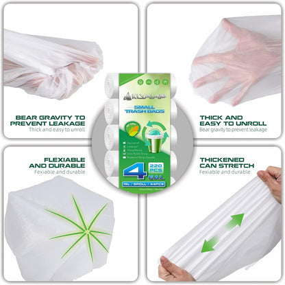 220 Counts Aklyaiap 4 Gallon Trash Bag,Tear & Leak Resistant Bathroom Biodegradable Small Garbage Can Bags Unscented for Home & Kitchen, 5Rolls, White