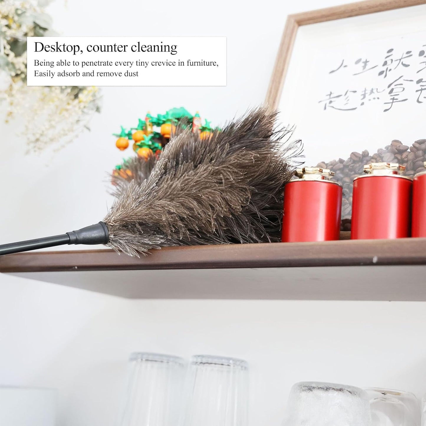 Ostrich Feather Duster 12 Inch Handheld Duster Supplies, Wooden Handle Feather Duster for Cleaning Keyboard Home Car Office (Champagne)