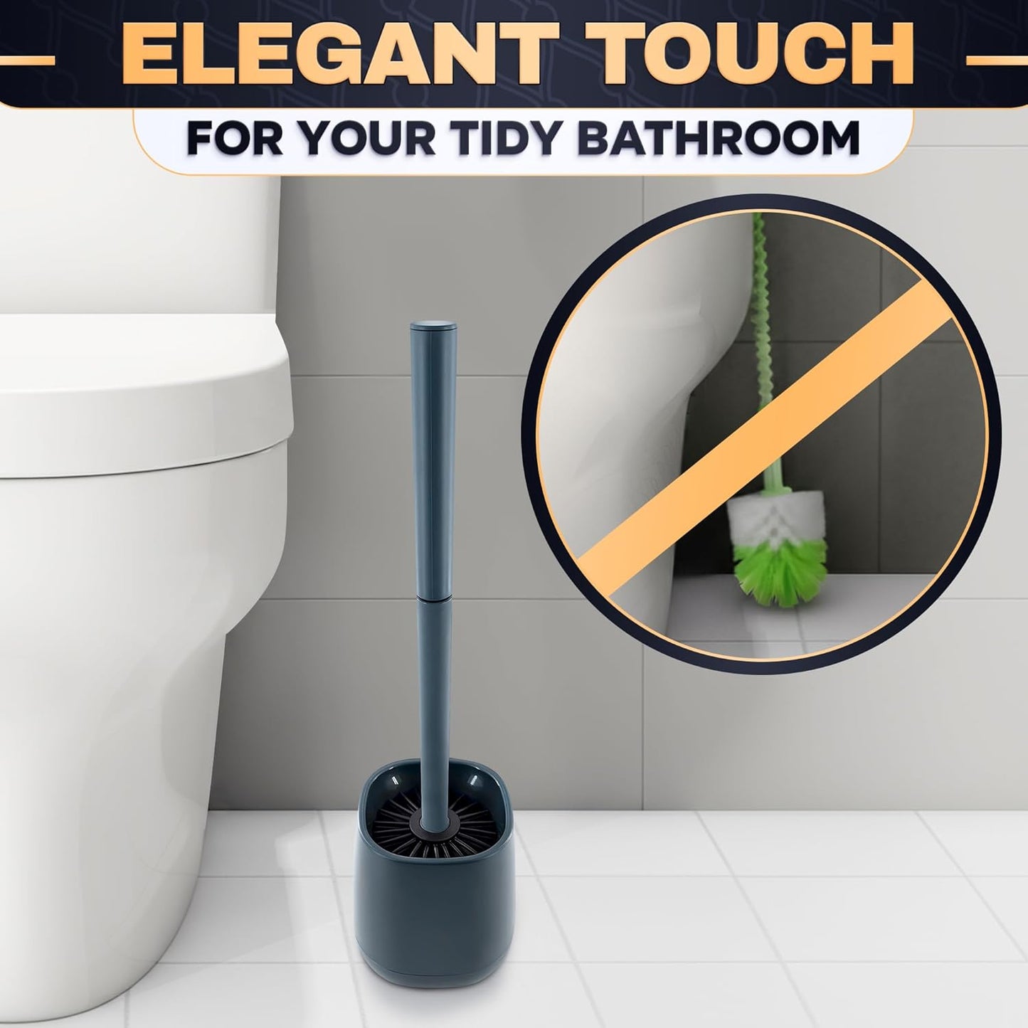 Toilet Brush and Holder Set - Silicone Toilet Brush Cleaner with Dark Grey Holder Base, Compact Accessory for Small Spaces - Easy to Place & Simple to Store After Use, Plastic Bathroom Cleaning Tool
