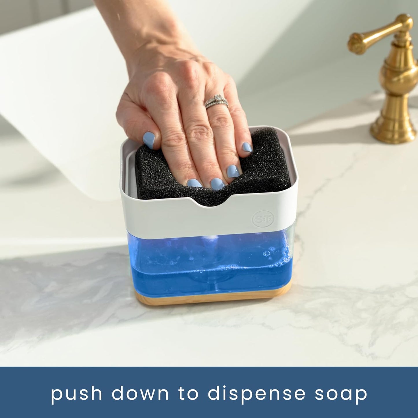 S&T INC. Dish Soap Dispenser and Sponge Holder for Kitchen Sink, Sponge Included, 13 Ounces, Metallic Silver