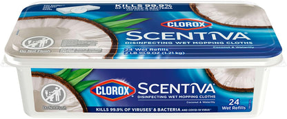 Clorox Scentiva Disinfecting Wet Mop Pad, Disposable Mop Heads, Coconut and Waterlily, 2 Packs, 24 Wet Refills Per Pack (Package May Vary)