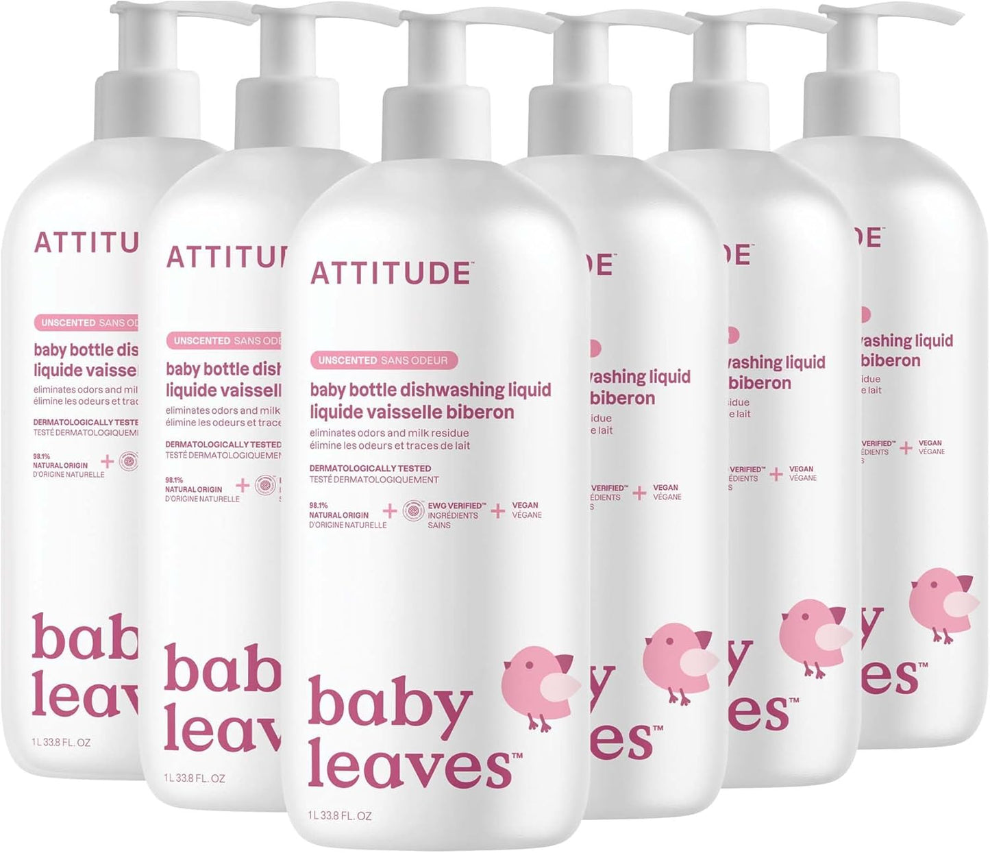 ATTITUDE Baby Bottle & Dish Soap, EWG Verified Bottle Cleaner, Fragrance Free & Dye Free, Removes Milk Residue & Grease, Vegan, Bulk Refill, Unscented, 67.6 Fl Oz (Pack of 4)