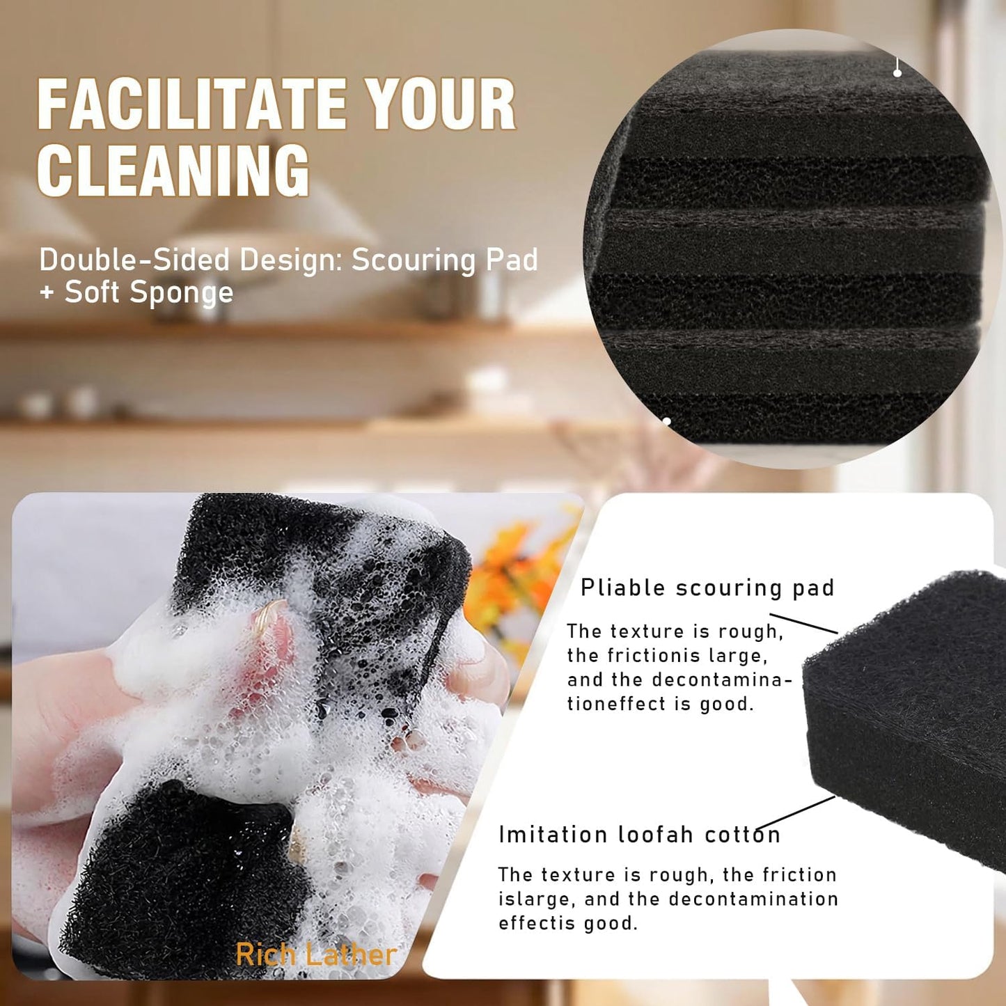 Dish Sponges for Kitchen, Individually Wrapped Dishwashing Sponges, Non Scratch Scrub Sponges for Dishes, Pots, Pans and Sink, Multipurpose Cleaning (Black and White)