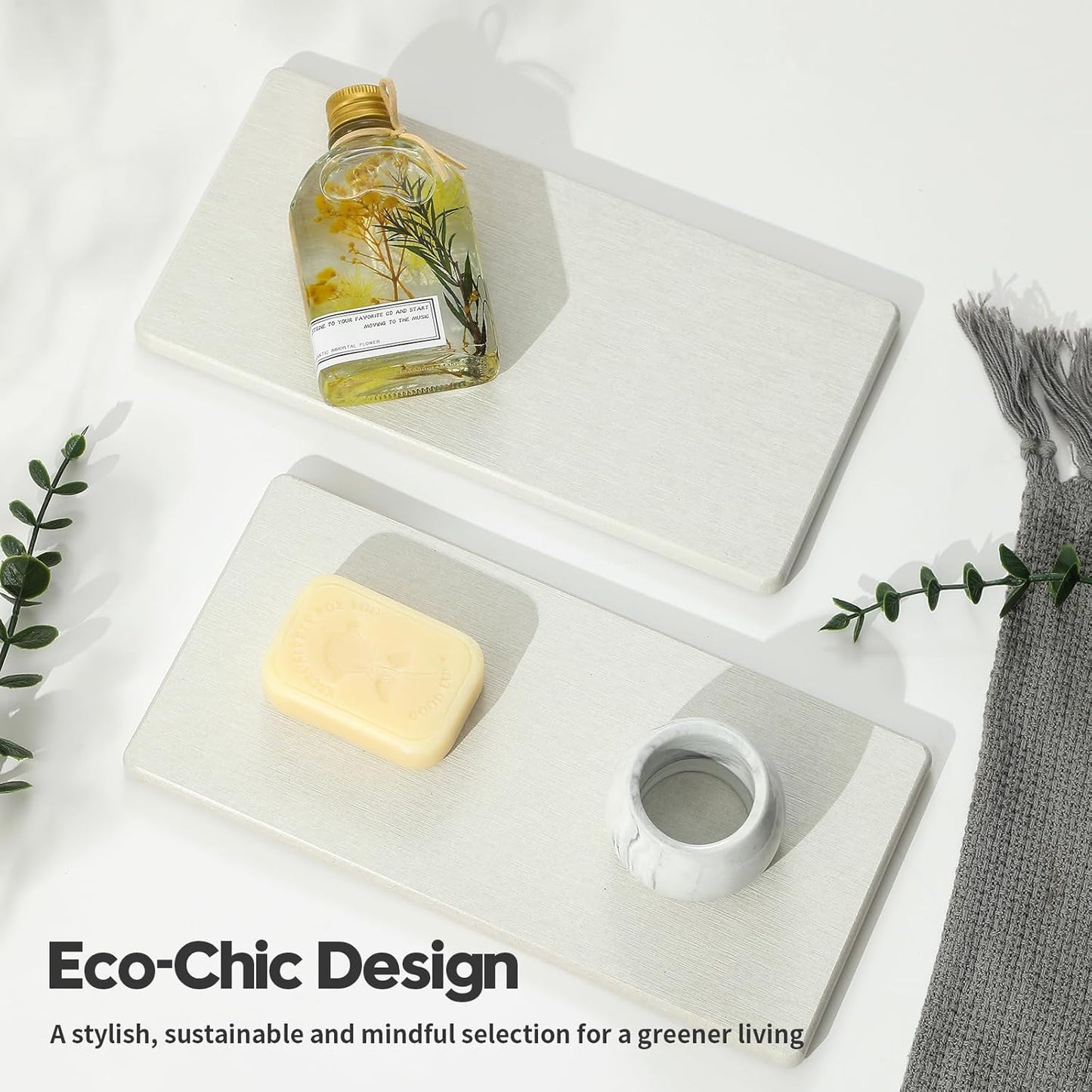 2PCS Water Absorbing Stone Drying Tray for Kitchen Counter & Bathroom Sink, Diatomite Faucet Splash Guard, Soap Dispenser Rack & Sponge Holder Caddy Organizer, Marble White (Printed Pattern), 9"x 3.5"