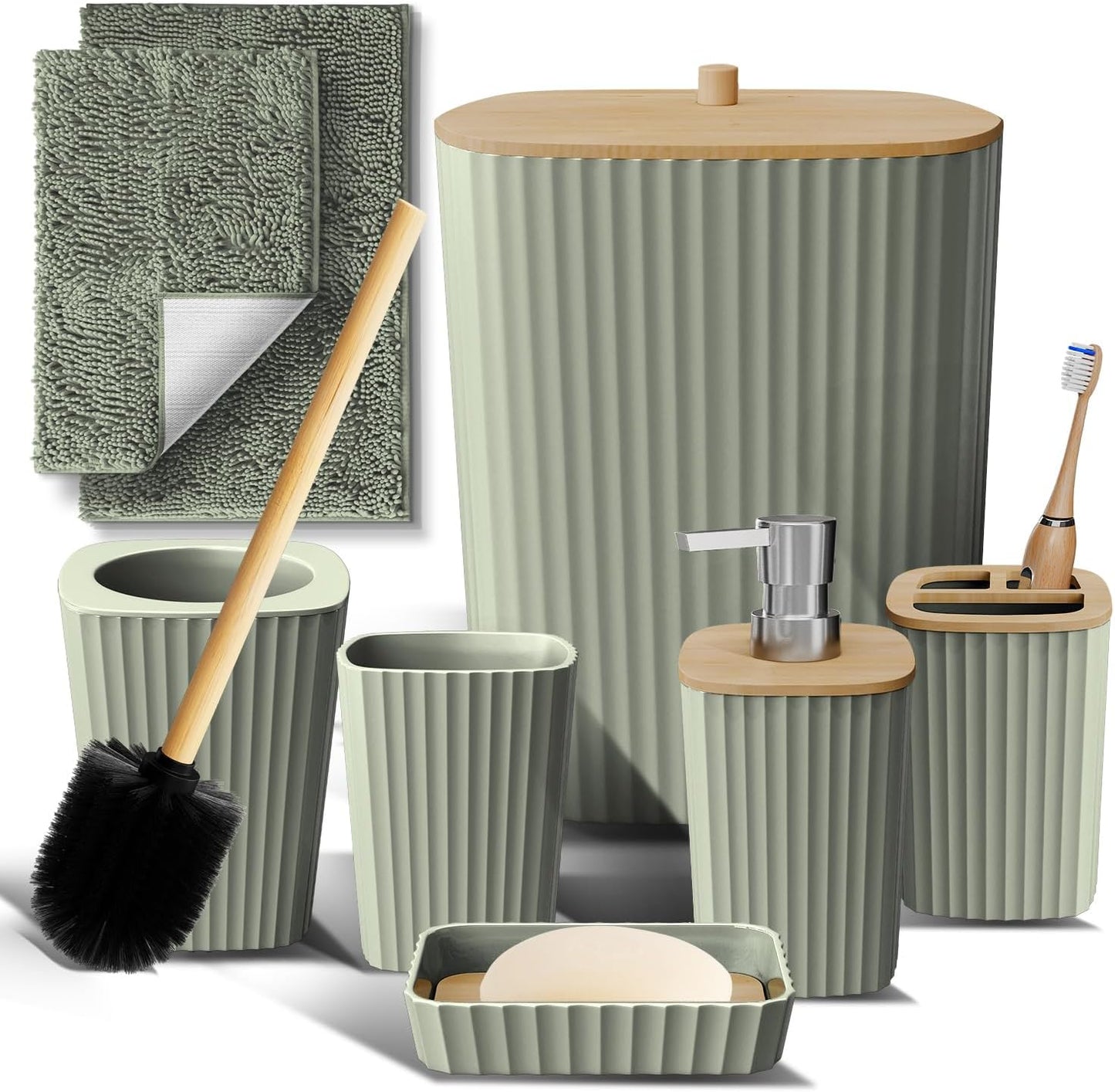 Clara Clark Bathroom Set - Sage Green Bathroom Accessories Set, 6PC Bathroom Accessory Set, Bathroom Sets with Toilet Brush, Trash Can & Soap Dispenser