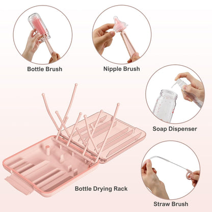 Baby Bottle Brush,6 in 1 Bottle Cleaner Set with Extendable Silicone Bottle Brush,Drying Rack,Nipple & Straw Brushes,Soap Dispenser & Organizer Case,Ideal Gifts for Babies& Moms