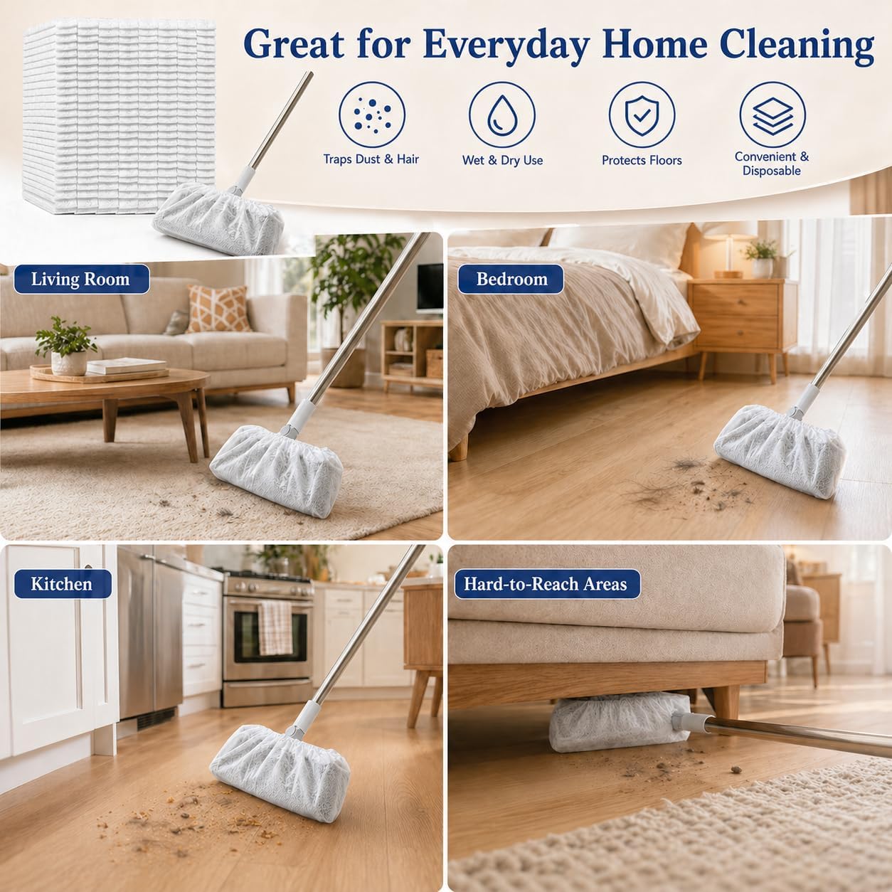 RAINFLOW Disposable Broom Cover Dust Wipes - 100PC Non-Woven Floor Cleaning Covers with Double Elastic Fit for Pet Hair Removal Broom, Sweep Mop, Household Cleaning Tools