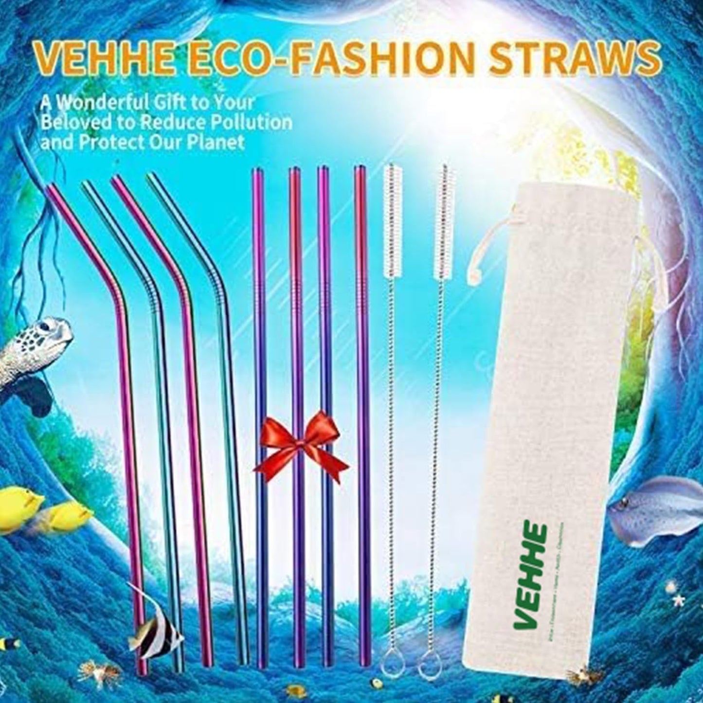 VEHHE Reusable Straws 8 Set Multi Color Stainless Steel Straws - Cleaning Brush for 20 Oz (Rainbow 8.5 inch + 10.5 inch)