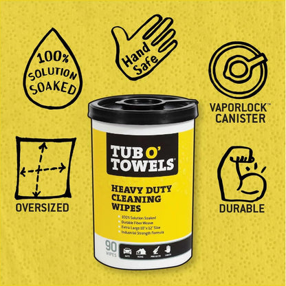 Tub O' Towels Heavy-Duty Multi-Surface Cleaning Wipes, 10" x 12", 90 Count Canister, Removes Grease, Grime, Tough Stains, Durable Disposable Wipes for Home, Garage, Outdoor Cleaning Tasks, 2-Pack