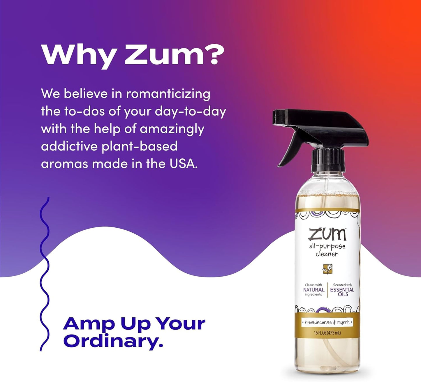 Zum by Indigo Wild All-Purpose Cleaner - Natural Multipurpose Cleaner Made with Essential Oils, Baking Soda & More - Frankincense & Myrrh, 16 fl oz