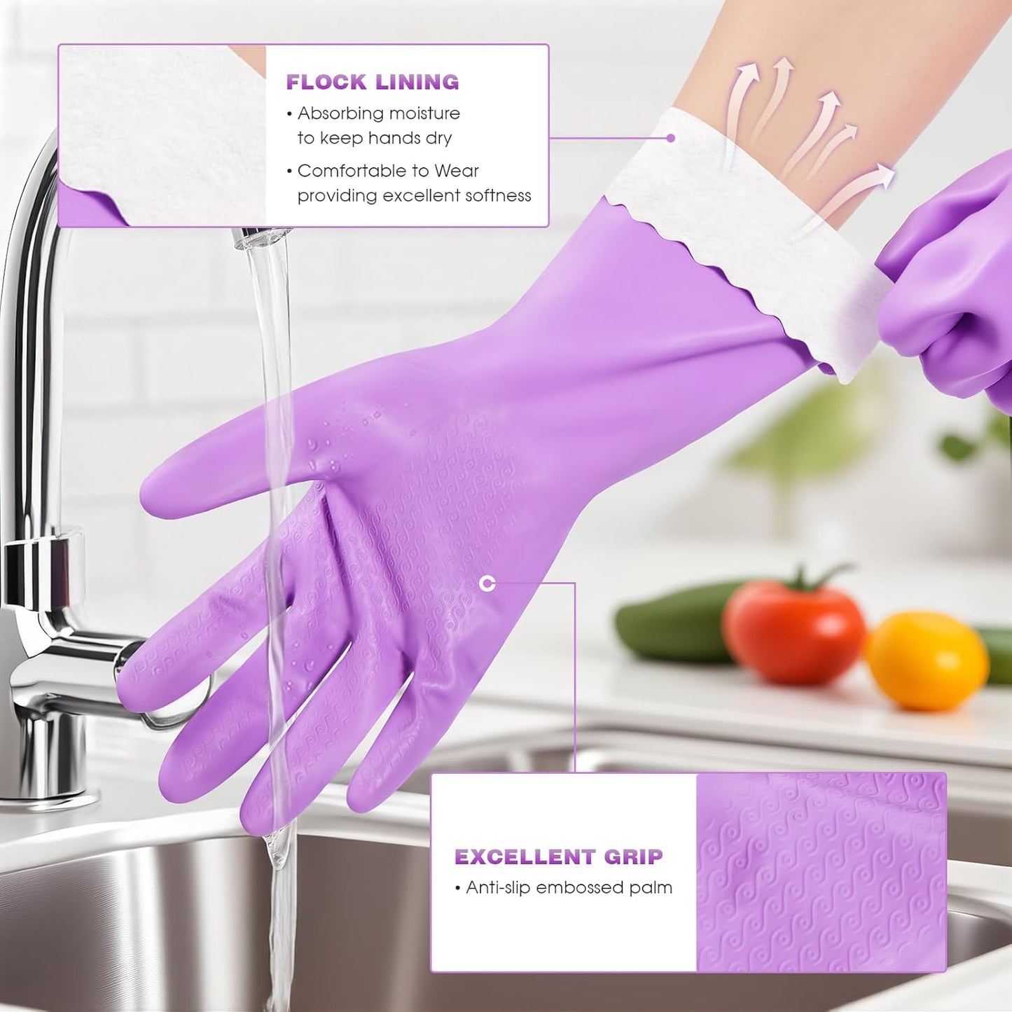 Elgood Reusable Dishwashing Cleaning Gloves with Latex free, Cotton lining,Kitchen Gloves 2 Pairs,Purple+blue Medium