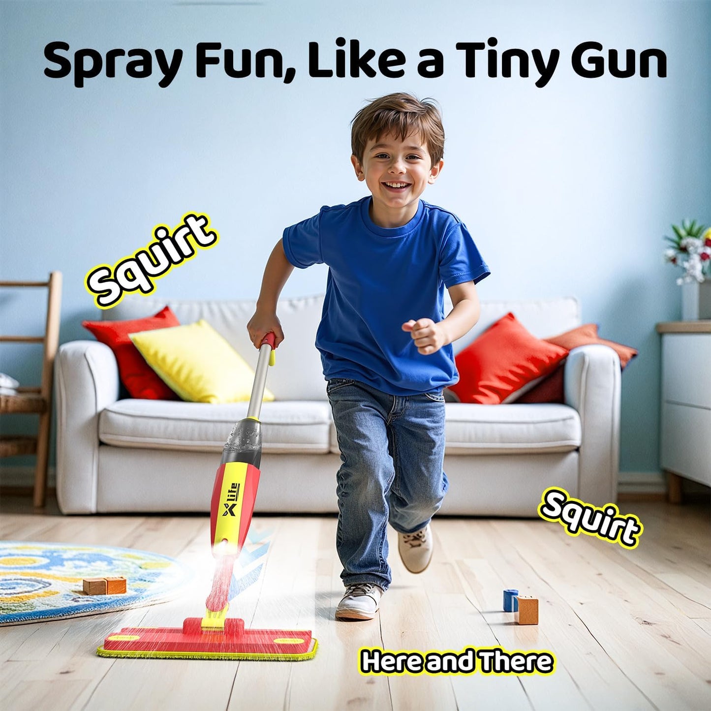 Xlife Kids Spray Mop Set - Montessori Toy for Ages 4-8 Real Water Sprayer & Sweeper Combo, Pretend Play Housekeeping Kit, Washable Pads (Red)