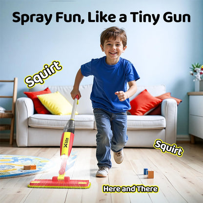 Xlife Kids Spray Mop Set - Montessori Toy for Ages 4-8 Real Water Sprayer & Sweeper Combo, Pretend Play Housekeeping Kit, Washable Pads (Red)