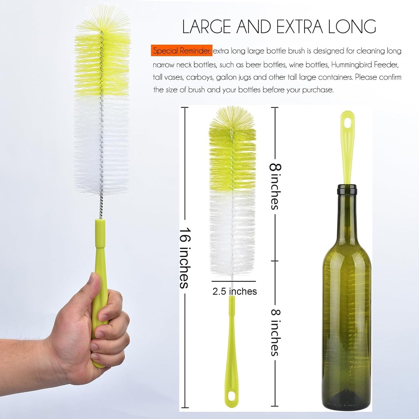3-Pack Long Bottle Cleaning Brush for Narrow Neck Beer, Wine, Flask, Thermos, Sportwell, Pitcher, Brewing Bottle Cleaner, 16 Inches