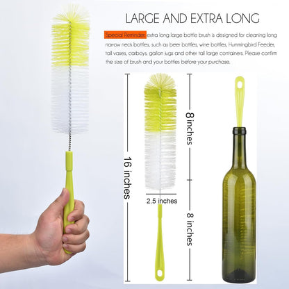 3-Pack Long Bottle Cleaning Brush for Narrow Neck Beer, Wine, Flask, Thermos, Sportwell, Pitcher, Brewing Bottle Cleaner, 16 Inches