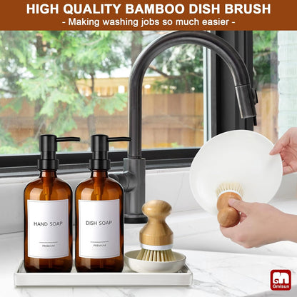 GMISUN Kitchen Soap Dispenser Set, 16 Oz Hand and Dish Soap Dispenser with Ceramic Tray & Bamboo Dish Brush, 2 Pack White Glass Liquid Pump Bottle, Modern Farmhouse Refillable Dish Soap Bottle