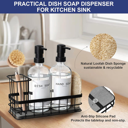 Dish Soap Dispenser for Kitchen, 16.9 fl oz Amber Hand and Dish Soap Dispensers, Kitchen Soap Dispenser Set with Sponge Holder, Brush Holder and Loofah Sponge, Countertop Sink Organizer Accessories