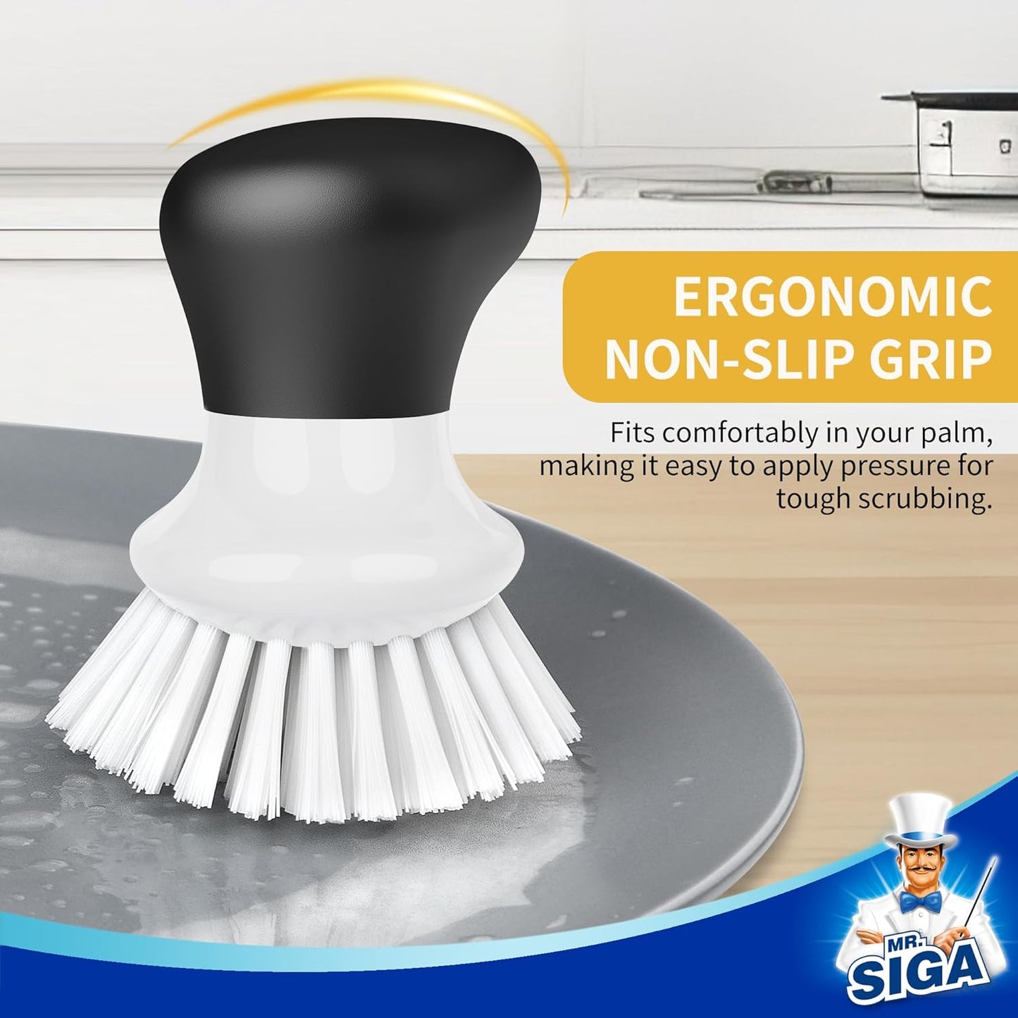 MR.SIGA Dish Scrub Brush, Palm Brush Dish Scrubber with Ergonomic Grip, Kitchen Brushes for Dishes, Gray, Pack of 2
