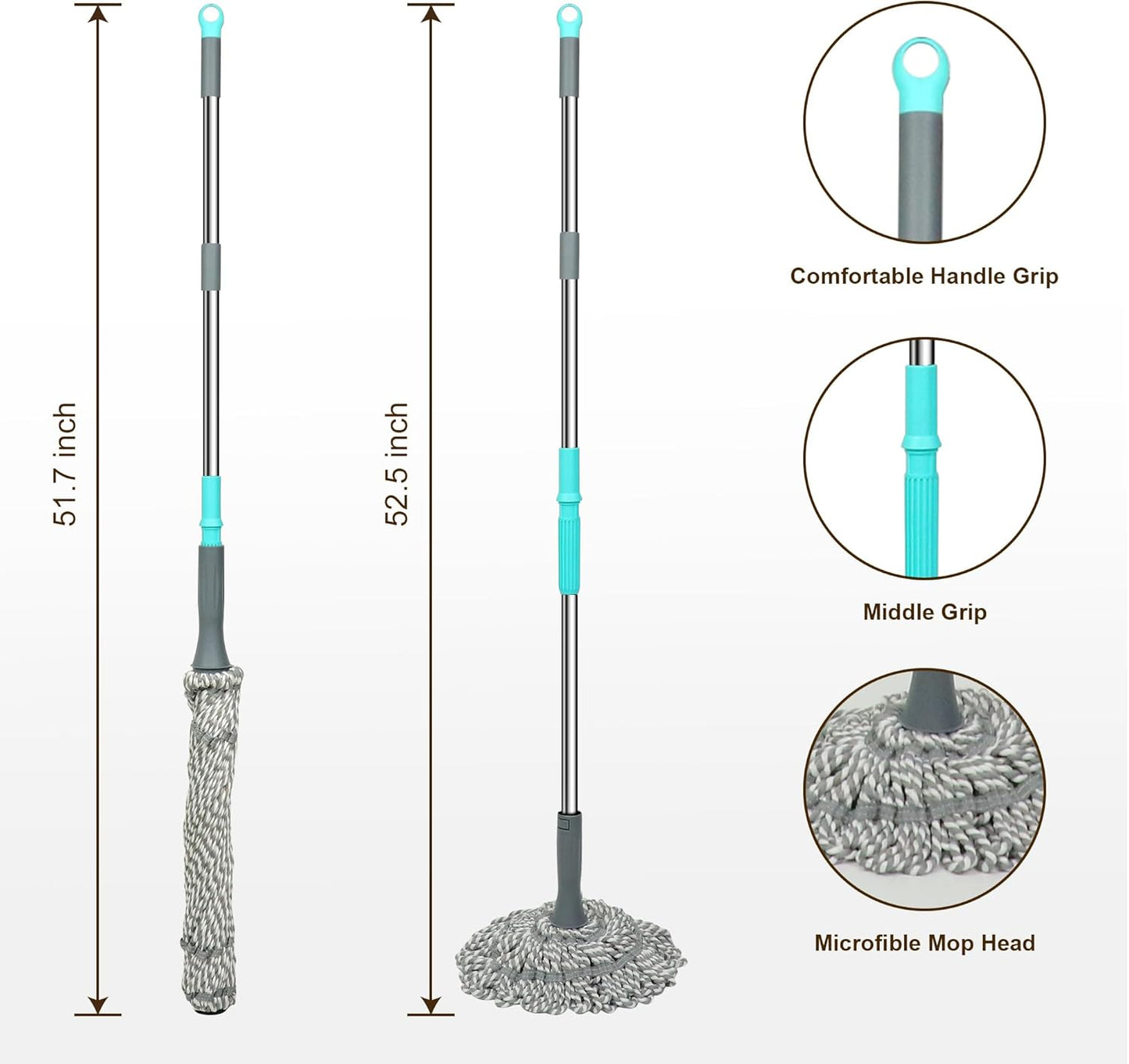 Self Wringing Floor Cleaner with 52.5 Inch Long Handle, Heavy Duty Wet Mop for Hardwood, Tile, Vinyl, Laminate Floors (White)