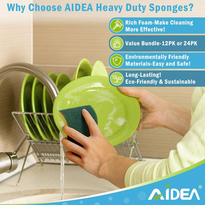AIDEA Sponges Kitchen, XL Heavy Duty Dish Sponge, Cleaning Dish Scrubber Sponge for Home and Kitchen, Extra Large Cleaning Supplies for Pots, Pans, 24 Pack