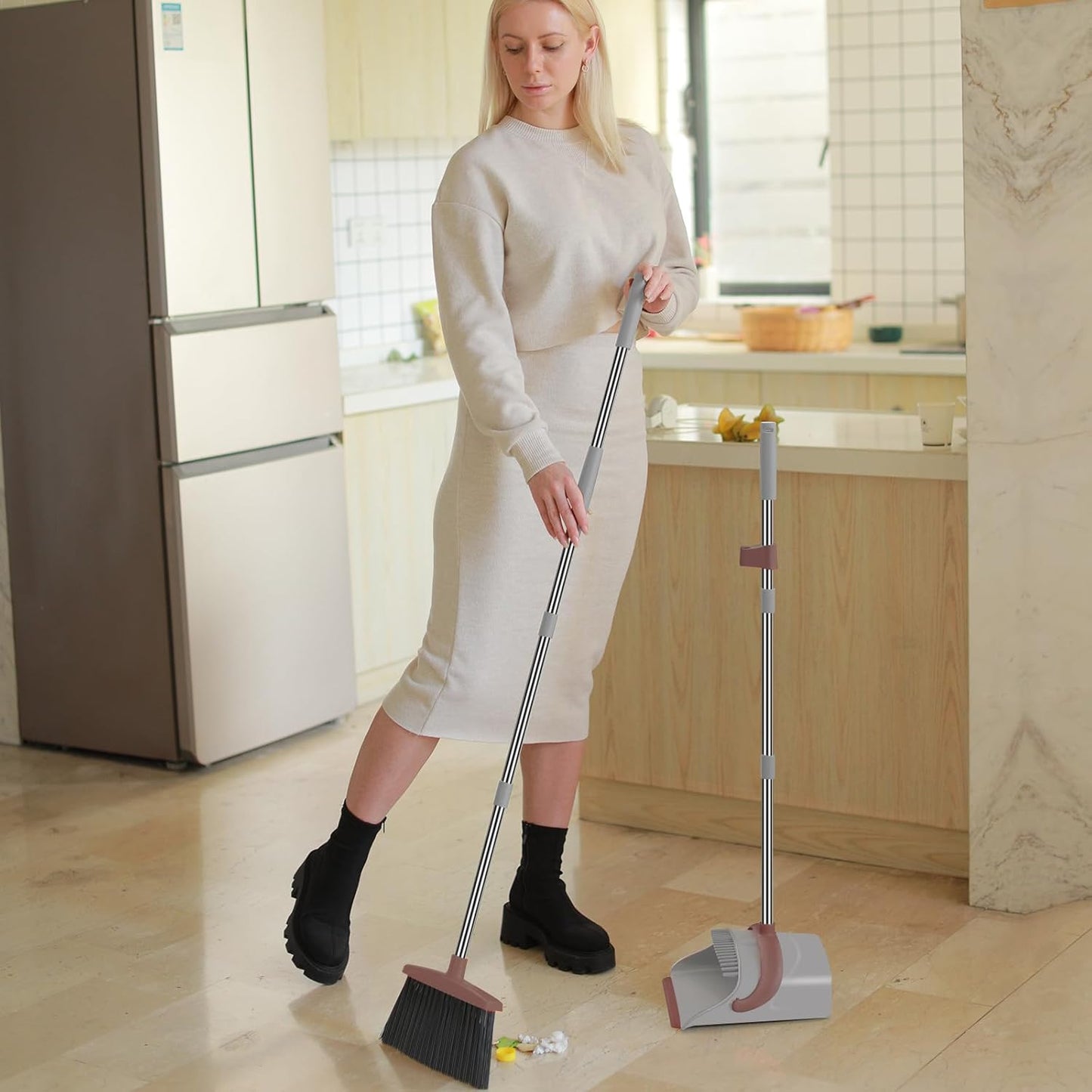 Ivandar Broom and Dustpan Set for Home, Broom and Dustpan Combo for Office, Long Handle Broom with Upright Standing Dust pan,Indoor&Outdoor Sweeping (Gray&Orange)
