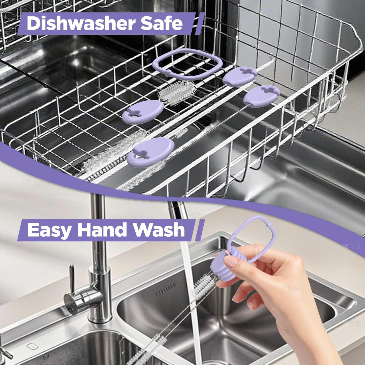Straw Cleaner Brush Set for 𝗦𝘁𝗮𝗻𝗹𝗲𝘆, Baby Bottles and Sippy Cups,4 in 1 Standing & Hanging Cleaning Set with Holder Ring – Reusable Cleaner for Cup Lids, Spouts and More.(Purple)