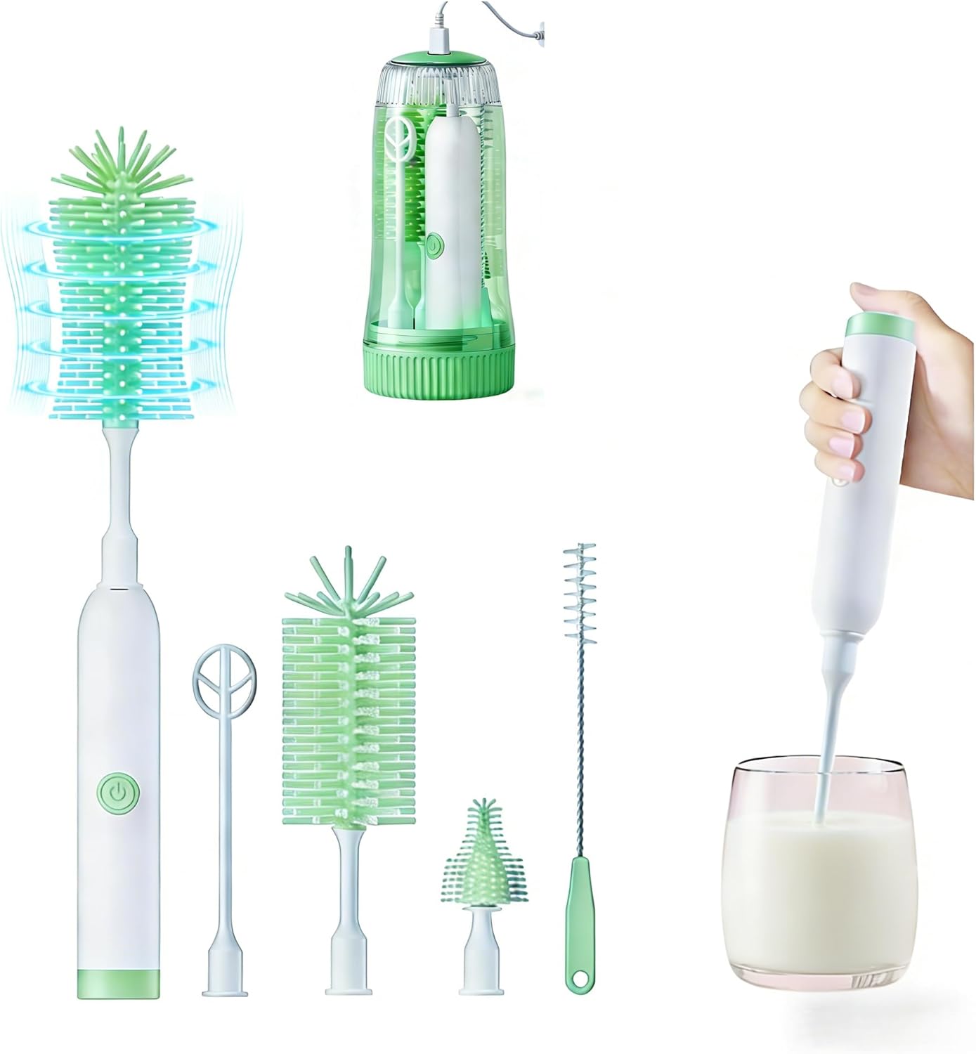 Portable Electric Silicone Bottle Brush Set, 7-in-1 UV Light USB Charging, Nipple/Straw Cleaner, Milk Mixer, Built-in Drying Rack & Storage Case, BPA-Free, IPX7, On-the-Go for New Parents (Mint)