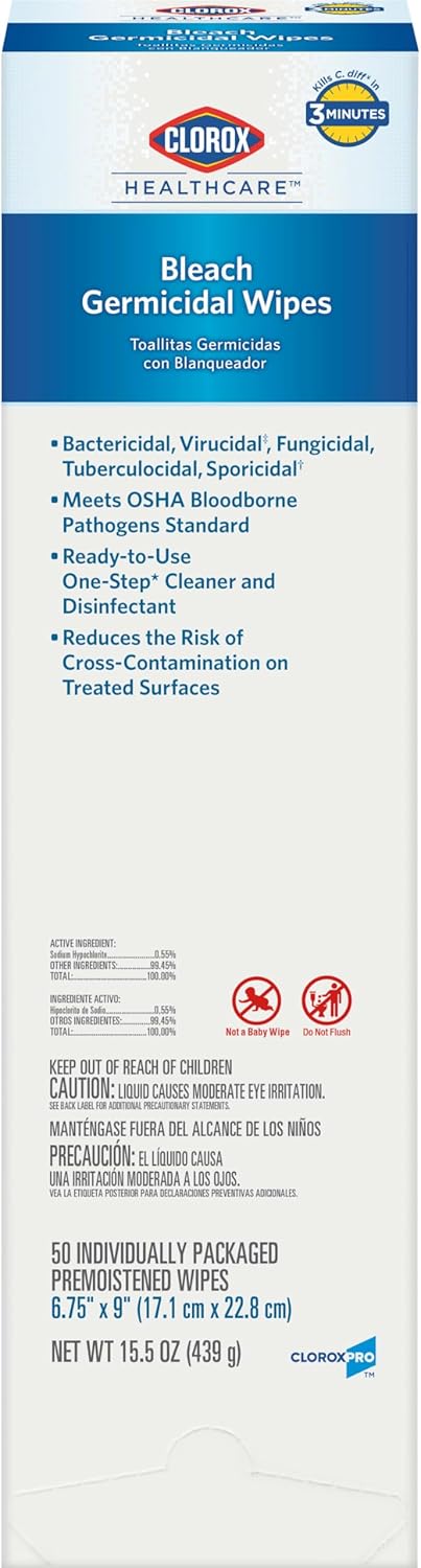 Clorox Healthcare Bleach Germicidal Wipes Bucket, 12" x 12", 110 Count Bucket (Package May Vary)