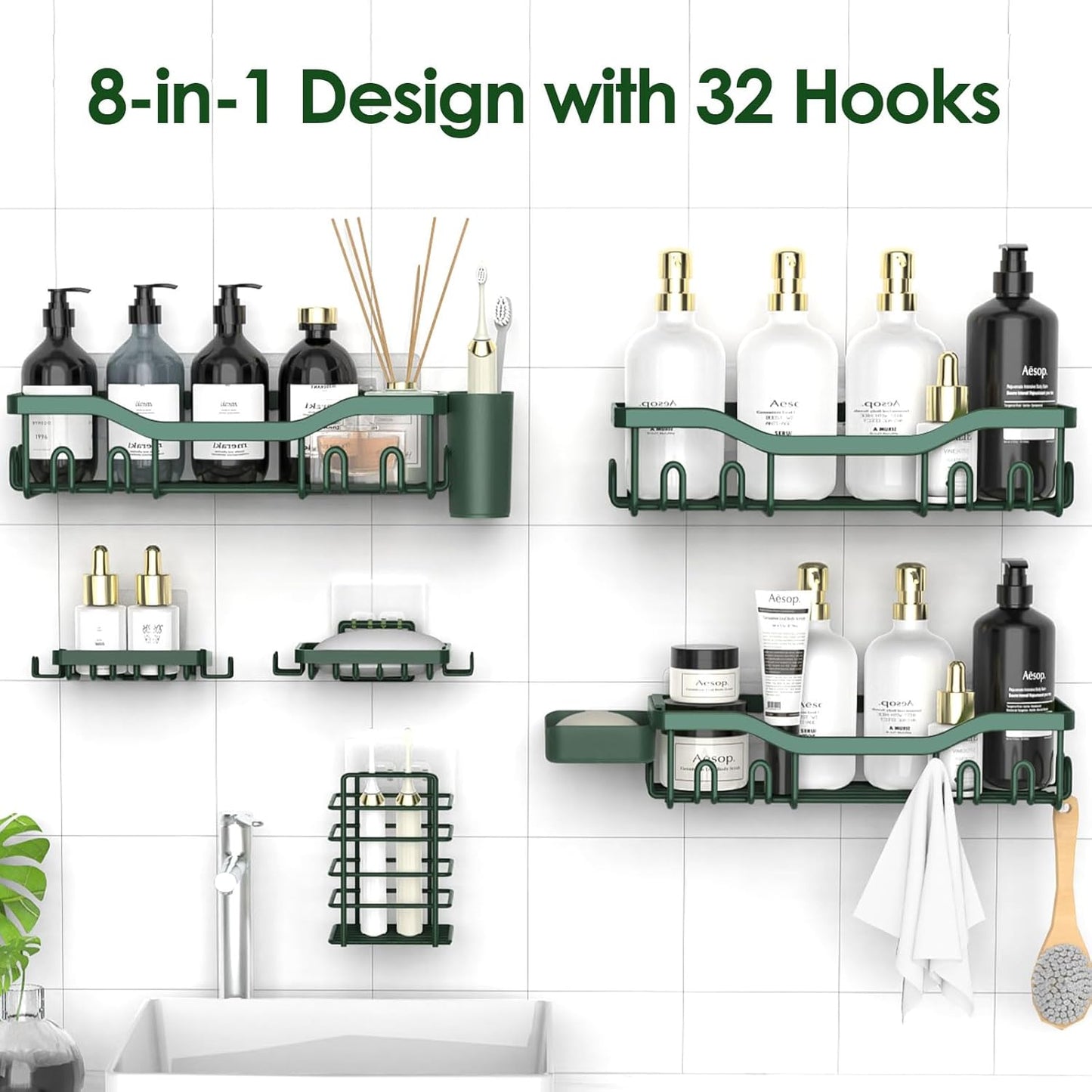 NESOMI Shower Caddy Adhesive Shower Organizer 7-Pack, Rustproof Stainless Steel Bathroom Shelves, Large Capacity No-Drill Rack Storage Accessories with Soap Dish Toothbrush Holder &24 Hooks Home Decor