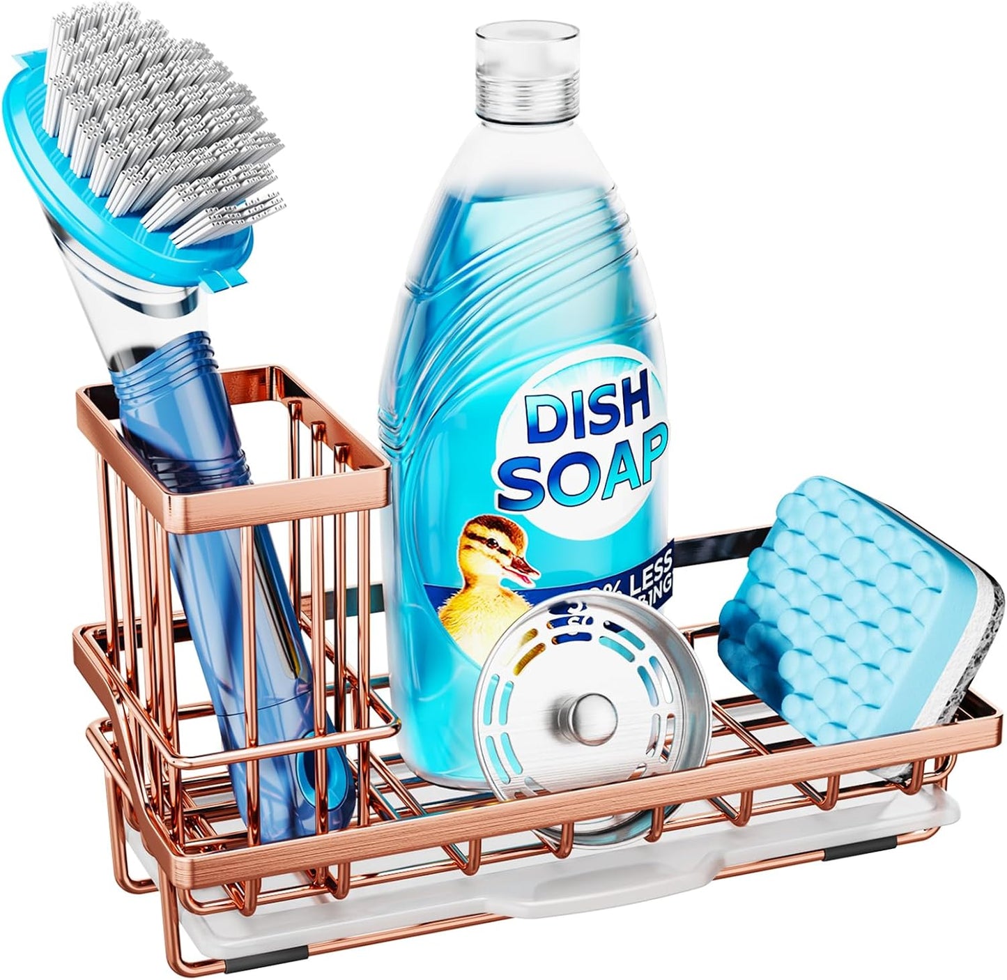 Consumest Sink Caddy, Kitchen Sponge Holder with Dish Brush Holder, Kitchen Organizer with Drip Tray for Countertop, Stainless Steel Rustproof - Silver