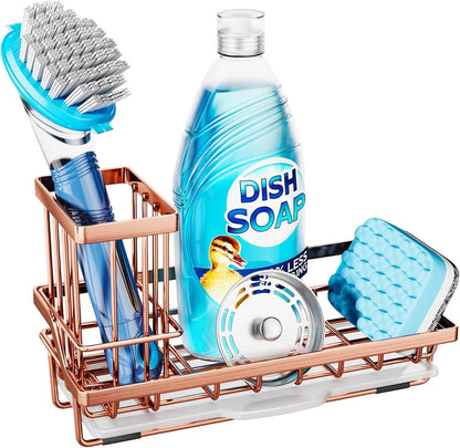 Consumest Sink Caddy, Kitchen Sponge Holder with Dish Brush Holder, Kitchen Organizer with Drip Tray for Countertop, Stainless Steel Rustproof - Silver