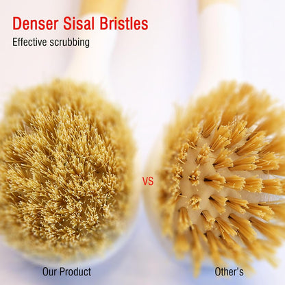 Bamboo Vegetable Brush Set, Natural Bristle Dish Brush with Holder, Eco Friendly Soft Dish Scrubber Kitchen Brush for Dishes