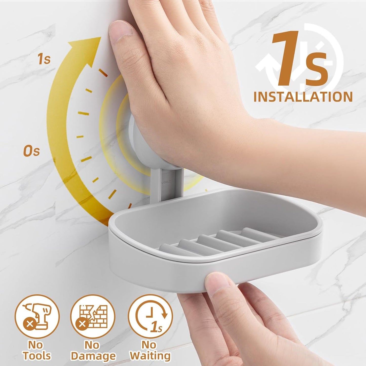 LEVERLOC Soap Holder Shower with Hooks, Bar Suction Cup Soap Dish Tray for Wall, Rust-Proof Stainless Steel Sponge Caddy for Bathroom Accessories Organizer Bathtub Kitchen Sink, Black