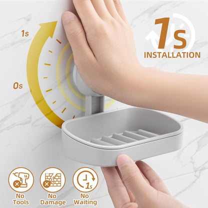 LEVERLOC Soap Holder Shower with Hooks, Bar Suction Cup Soap Dish Tray for Wall, Rust-Proof Stainless Steel Sponge Caddy for Bathroom Accessories Organizer Bathtub Kitchen Sink, Black