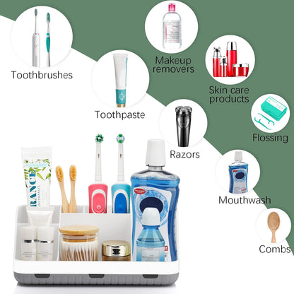 GFWARE Wood Toothbrush Holders for Bathrooms Countertop Organizer - Detachable 7 Slots Kid Bathroom Decor and Accessories, Wooden Bathroom Sink Storage Organization, Caddy, Tray, Brown