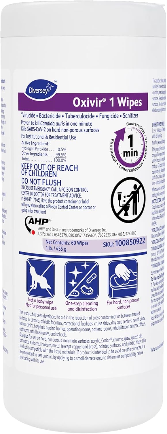 Oxivir Diversey 1 Disinfectant Wipes, AHP Hydrogen Peroxide Cleaner, Multi-Surface Cleaner for Home & Commercial Use, Medium Wipes, 60 Count Slim Canister