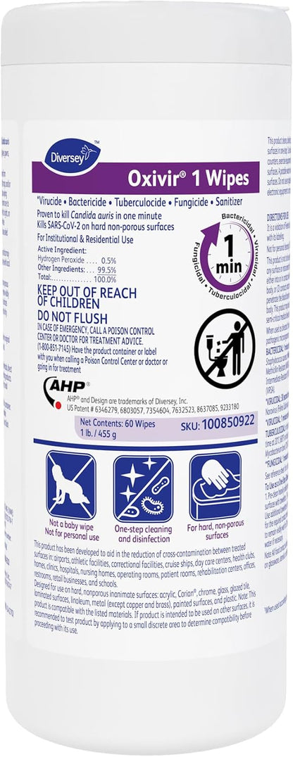 Oxivir Diversey 1 Disinfectant Wipes, AHP Hydrogen Peroxide Cleaner, Multi-Surface Cleaner for Home & Commercial Use, Medium Wipes, 60 Count Slim Canister