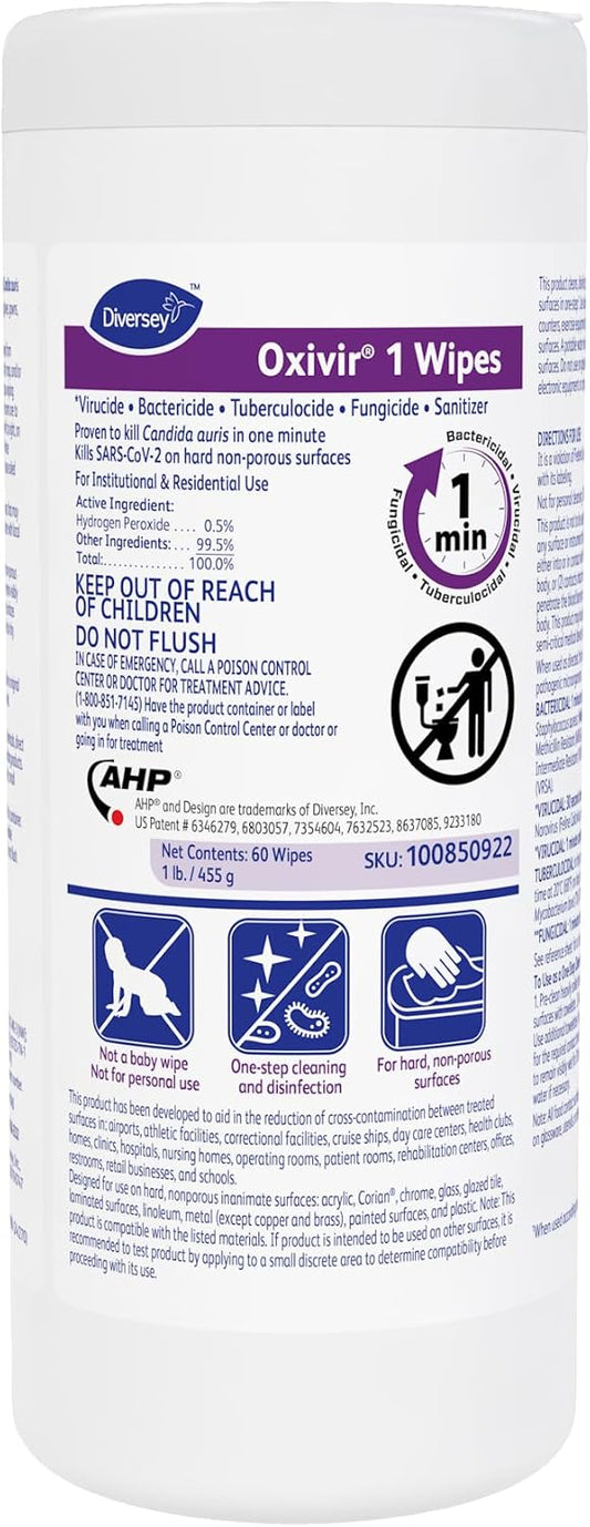 Oxivir Diversey 1 Disinfectant Wipes, AHP Hydrogen Peroxide Cleaner, Multi-Surface Cleaner for Home & Commercial Use, Medium Wipes, 60 Count Slim Canister