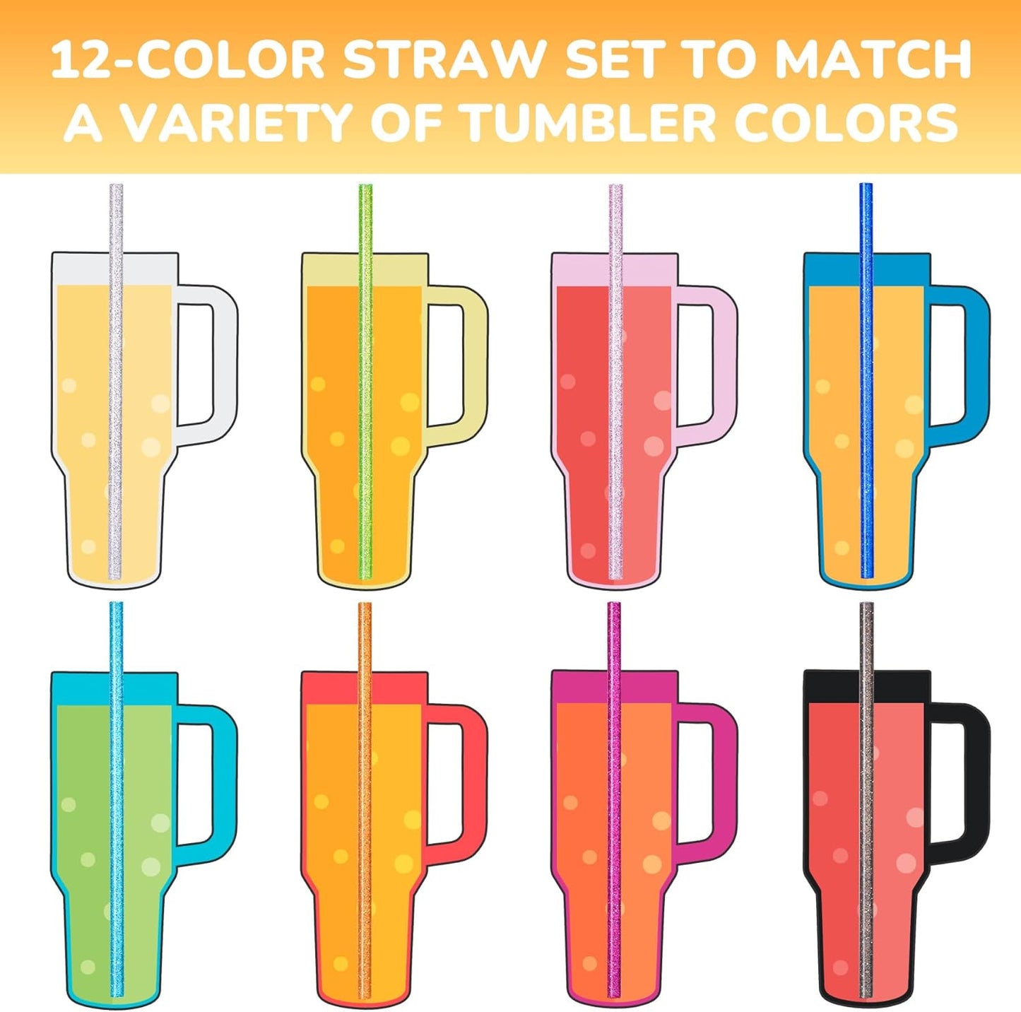 NiHome 12-Pack Glitter Replacement Straws for Stanley Tumbler 40OZ & 2 Cleaning Brushes Set, 12" Length BPA-Free Durable PETG Material for Various Beverages & Cups, Adds Sparkle to Your Drinks (Clear)