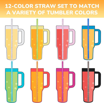 NiHome 12-Pack Glitter Replacement Straws for Stanley Tumbler 40OZ & 2 Cleaning Brushes Set, 12" Length BPA-Free Durable PETG Material for Various Beverages & Cups, Adds Sparkle to Your Drinks (Clear)